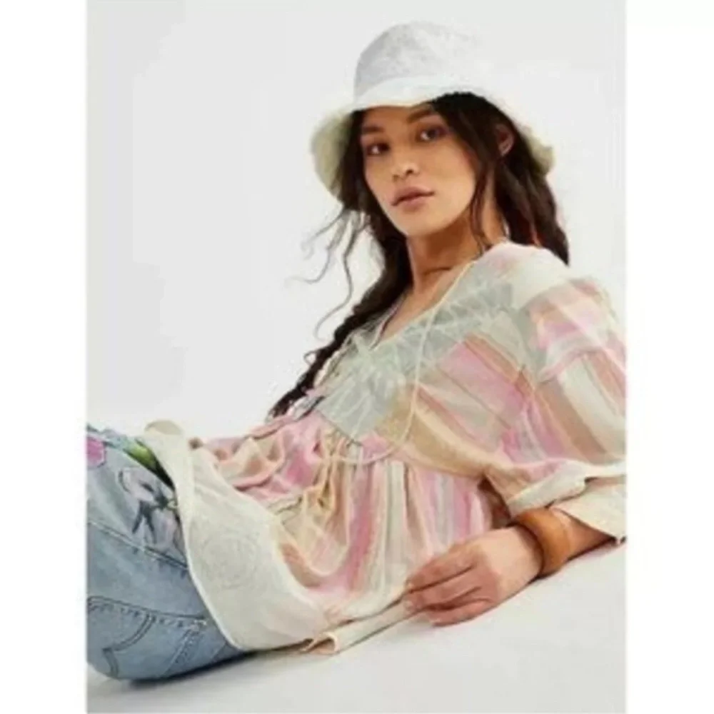 Free People  boho Spring  Embroidered colorful Fun striped Tunic Top RARE!